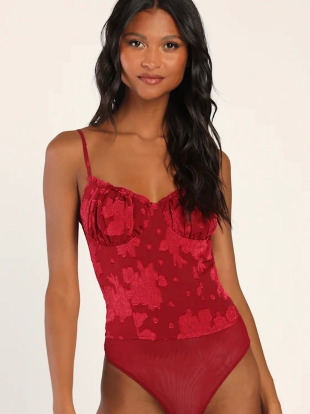 Lulus Found The Flirt Wine Red Floral Jacquard Ruffled Bodysuit - Size M